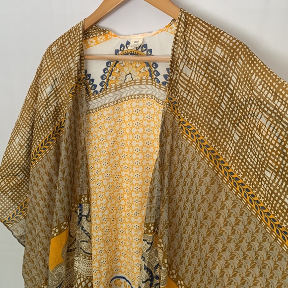 RAJ Boho Lightweight Cotton Kimono w/ Tassels Yellow Tan Beach Coverup - Picture 4 of 12
